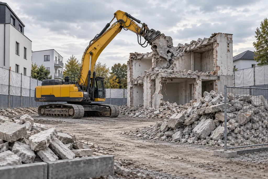KI-Illustration: gelber Abbruchbagger auf einer abgesperrten Baustelle mit getrennten Abbruchmaterialien