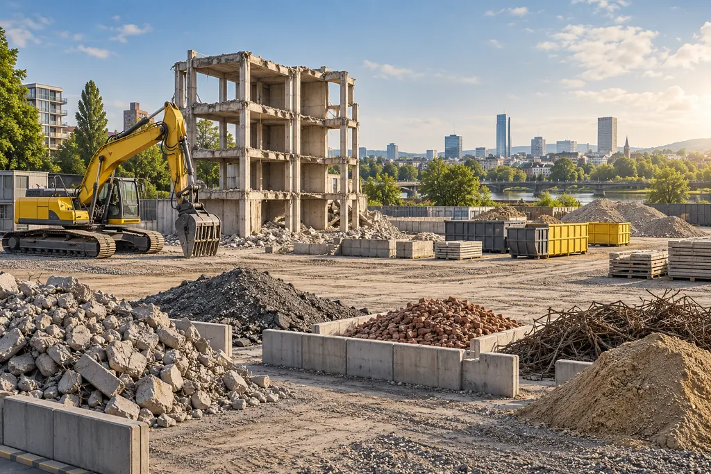 KI-Illustration: Überblick über einen geordneten Rückbauplatz mit Bagger und getrennten Materialien